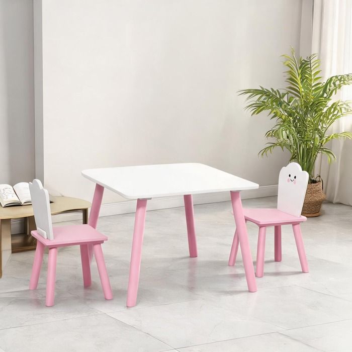 Set table rose et 2 chaises enfant en pin massif et MDF plateau 60 cm carré hauteur table 44 cm