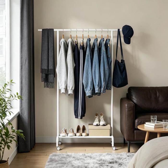 Portant à vêtements - ZEVKOR - Portant À Vêtements - Tringle extensible 84–124 cm - Étagère tissu Oxford - 4 roulettes (2 freins)