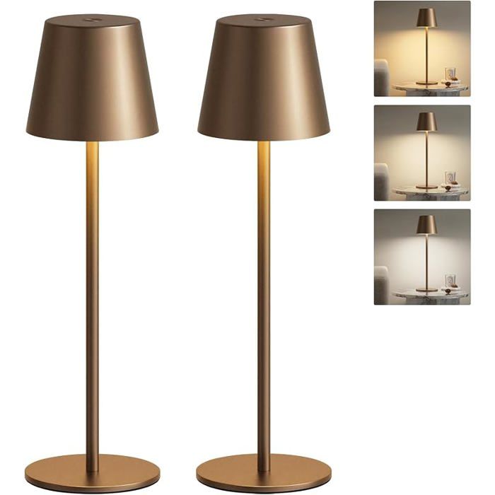 Lampe de Table Sans Fil Lot de 2 Lampe de Chevet Tactile Marron Régge Continu de intensité 3 Marron
