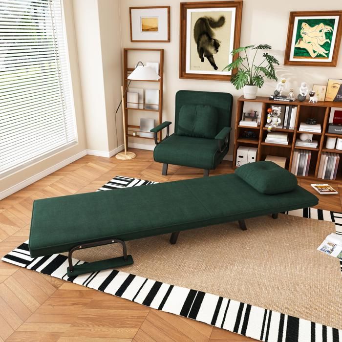 Fauteuil Relax Convertible - 60x60x80cm - Chauffeuse Lit 185cm Dossier 5 Positions 180° Chenille Métal - Vert Foncé