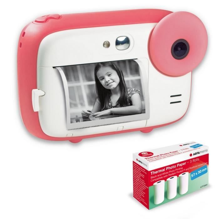 AGFA PHOTO Pack Realikids Instant Cam + 6 rouleaux Papier Thermique ATP3WH - Appareil Photo Enfant, Batterie Lithium - Rose