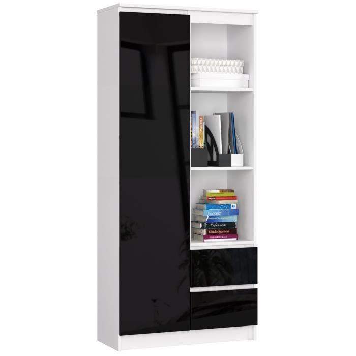 Bibliothèque de bureau AKORD R11 Blanche 80 cm 1 porte 2 tiroirs façade Noir Brillant 7 étagères 80x35x180 cm Bibliothèque de bureau AKORD R11 Blanche 80 cm 1 porte 2 tiroirs façade Noir Brillant 7 étagères 80x35x180 cm
