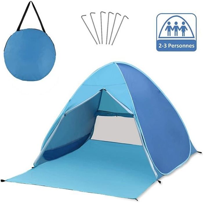 Tente De Plage QcoQce – UPF 50+, 2-3 Places, 0,93 Kg, Pop-up, Avec Piquets Et Sac De Transport, Bleu