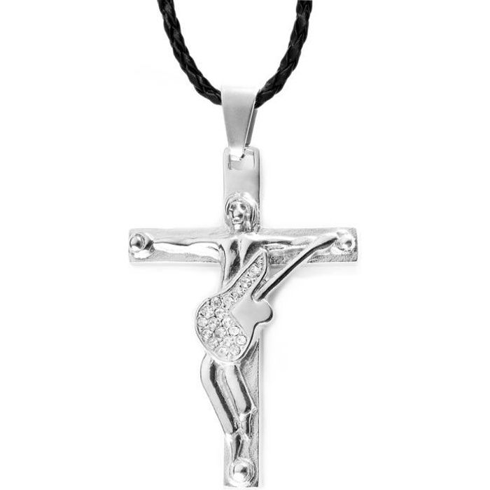 Cadeau Souvenir Fan Pendentif Collier Cordon Croix Johnny Guitare Rocker M/étal Acier Inoxydable Argent/é Bijoux JH Homme Femme CRAZYCHIC Johnny HALLYDAY