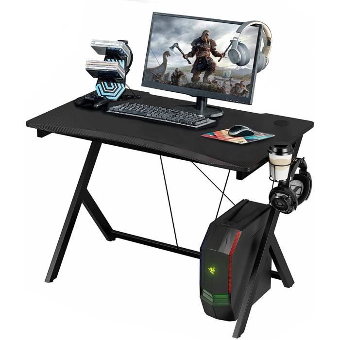 Bureau Gaming HLFURNIEU 120x60cm - LED RGB - Plateau Fibre Carbone - Porte Gobelet Et Crochet Casque