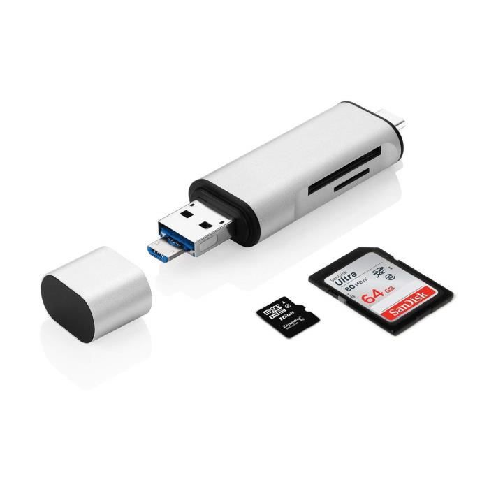 Juce® Lecteur de Carte SD Micro SD USB 3.0 avec Adaptateur 3-en-1 USB-A, Micro  USB Type C pour Les Appareils Type C - Argent - Cdiscount Téléphonie