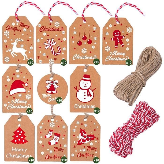 100 étiquettes Cadeaux Noël En Papier Kraft - Avec Cordes Jute & Chaînes Rouges/blanches - Pour Emballage, Décoration Sapin, DIY Festif