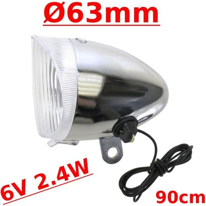 FEU AVANT DYNAMO ROND D63mm ACIER CHROME LAMPE VELO VINTAGE RETRO VILLE ROUTE