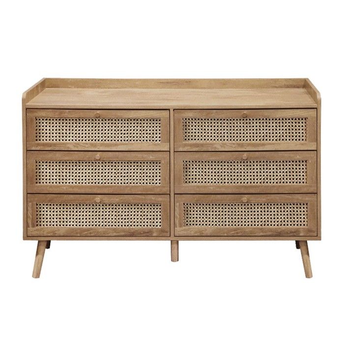 CALICOSY - Commode 6 tiroirs avec façades en rotin naturel L120 cm PALMO - Bois clair