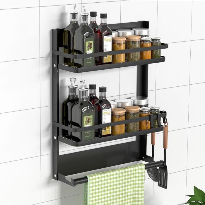 Étagère Murale Cuisine Sans Percer – Avec Porte-rouleau Et 4 Crochets, Rangement épices, Ustensiles – 35 Cm Noir - 6