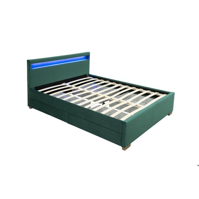 ENFIELD - Structure de lit en velours vert avec rangements et LED intégrées - 140x190 cm ENFIELD - Structure de lit en velours vert avec rangements et LED intégrées - 140x190 cm
