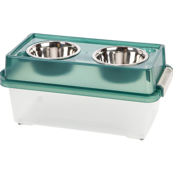 Meilleurs prix pour Iris Ohyama, Gamelle Surélevée avec Support Boite Plastique, Vert, Mangeoire pour Chien, Chat, Double Bol, Rangement Croquette,