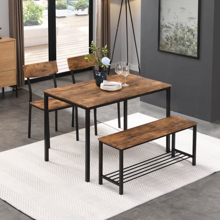 Ensemble Table à Manger 4 Places - Table + 2 Chaises + 1 Banc, Style Rustique Marron, Pour Cuisine/salon | Dimensions : 110x70x76 Cm