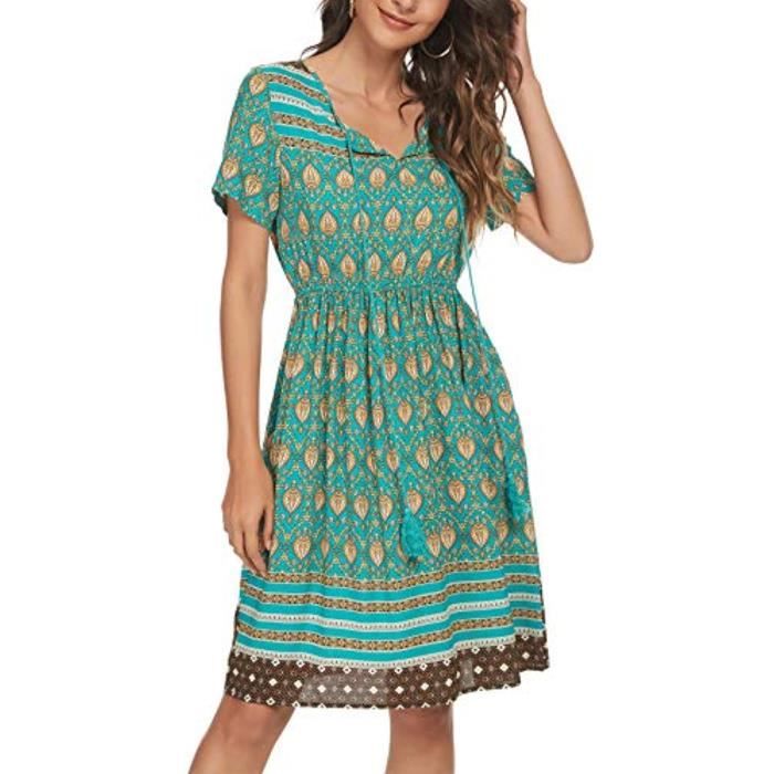 BTFBM Robe D'été Bohème Décontractée Pour Femme Avec Col En V Et Volants - Ceinture Sans