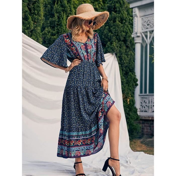Femmes Robe Ete Mi Longue Manches Courtes Robe Col En O Robes Casual Ete Plage Floral Robe De Plage Casual Robes bleu Fonce S Bleu fonce Cdiscount Pret a Porter