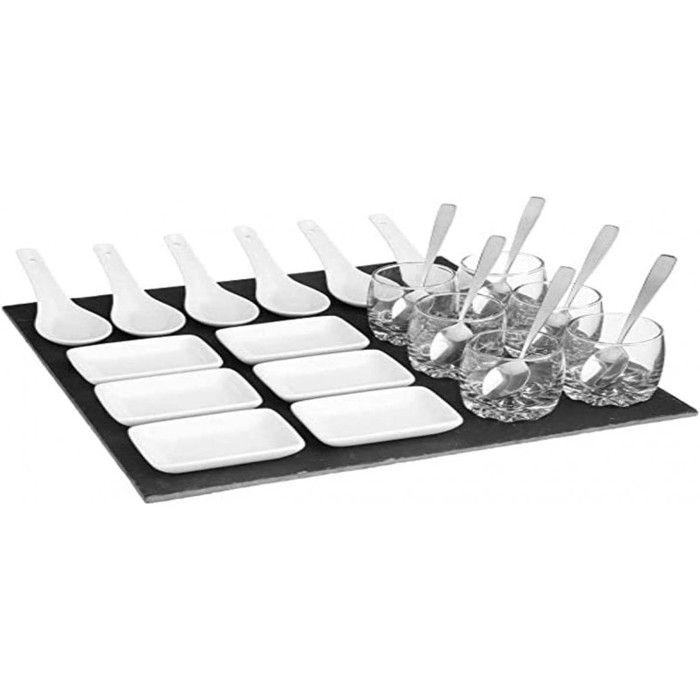 Set apéritif 25 pièces avec plateau en ardoise verrines coupelles cuillères coupelles et cuillères inox- Noir - L 30 cm