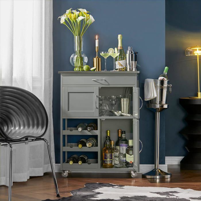 SoBuy Desserte Cuisine à Roulettes avec Tiroirs et Range-Bouteilles Meuble Cuisine Compact Plan de Travail Bois Gris 67x86x38 cm