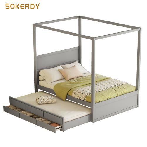 sokerdy lit à baldaquin 140 x 200 cm, plateforme avec lit simple gigogne et trois rangements, gris