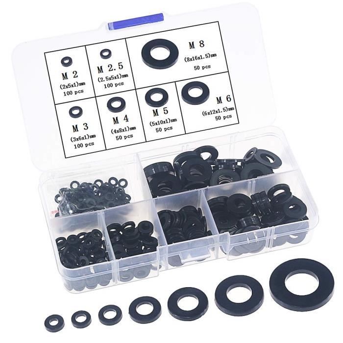 Lot De 684 Rondelles Plates Zinguées Noires Pro – 9 Tailles Différentes, Emballage Neuf