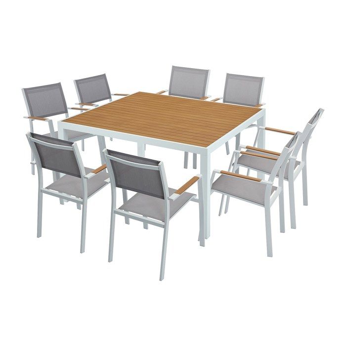 Salle à manger de jardin en aluminium : une table carrée L.140 cm et 8 fauteuils empilables - Naturel clair et gris - MACILA de