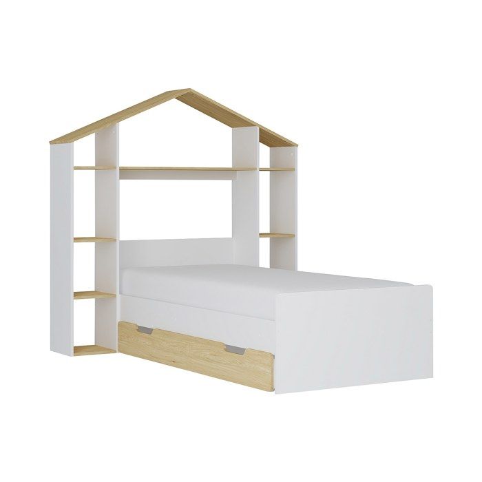 Lit cabane 90 x 190 cm - Coloris : Blanc et naturel - JERACO
