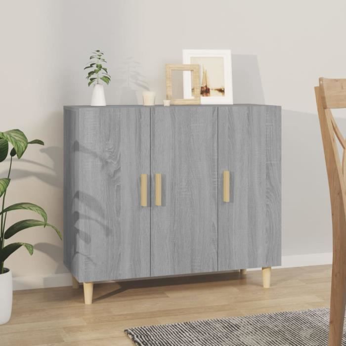 Buffet - SONOMA - Buffet bas - Bois dingénierie - 3 portes - Gris sonoma - 90x34x80 cm