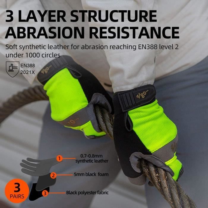 Vgo. Gants de travail en cuir synth tique 3 paires noir vert