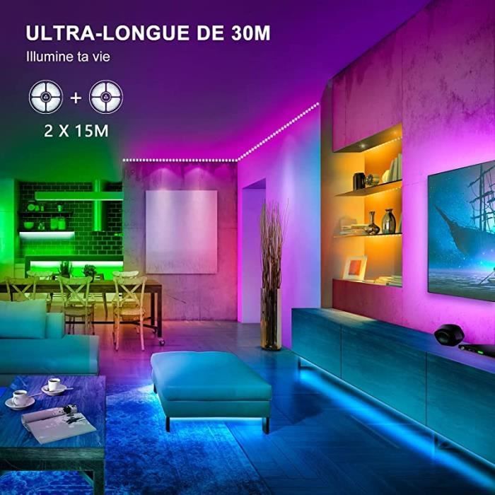 Led Chambre 30M(2x15M) Ruban Led Multicolore Bande LED RGB Lumiere Led avec  Télécommande APP, Synchroniser avec Rythme de 30M - Cdiscount Maison