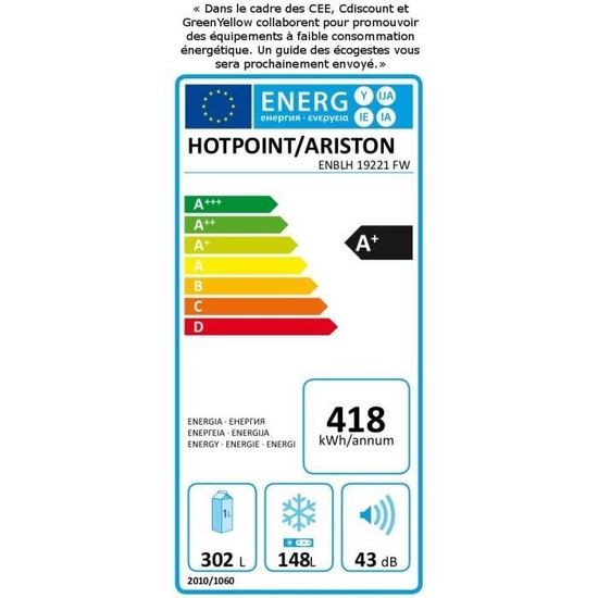 HOTPOINT ENBLH19221FW - Réfrigérateur congélateur bas - 450 L (302 + 148 L)  - Froid Total No Frost - A+ - L 70 x H 195 cm - Inox - Achat / Vente  réfrigérateur classique à prix discount - Cdiscount