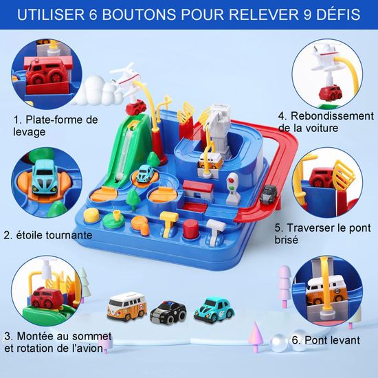 Hahaland Circuit Voiture Jouet 3-6 Ans – Piste Avec Hélicoptère, Bus, Voitures – 8 Défis, 6 Boutons, Sans Batterie – Cadeau Garçon Fille