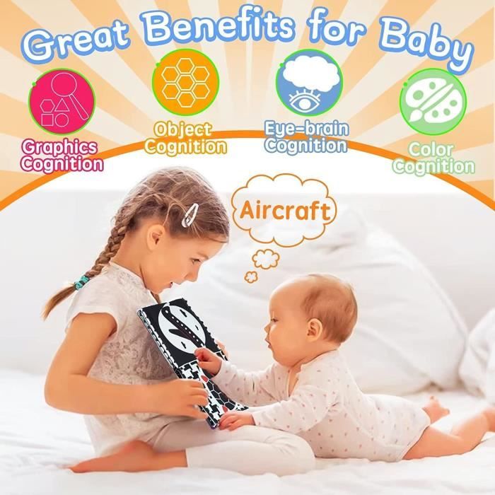 Livre en tissu doux noir et blanc pour bébés, jouets sensoriels à