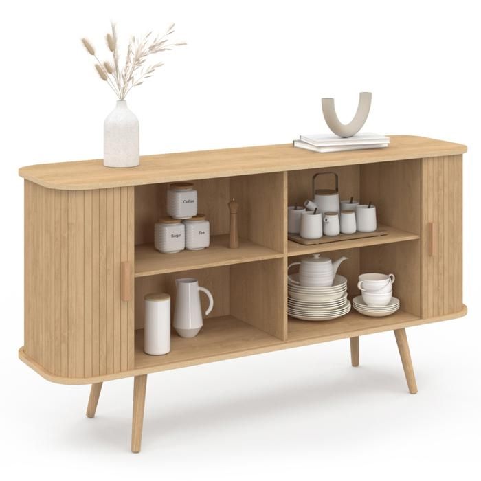 Buffet 4 Portes Octave 140 Cm Style Lattes Bois - Rangement Élégant Pour Salle à Manger