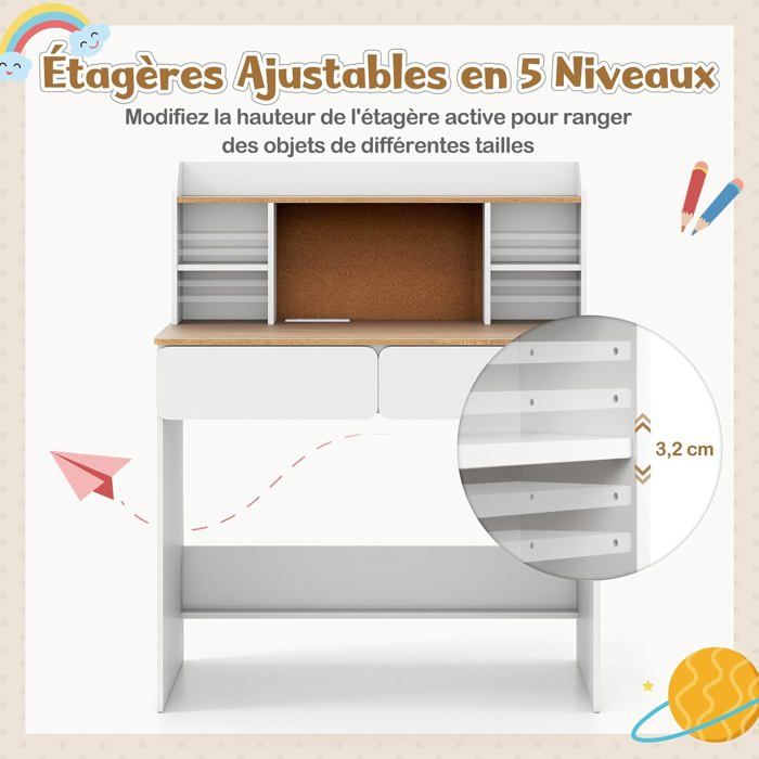 Armoire Enfant Bureau Enfant GOPLUS Avec Tableau Liège, Station Recharge, étagères Réglables Et 2 Tiroirs - Plateau 90x48 Cm, Pour 8-12 Ans