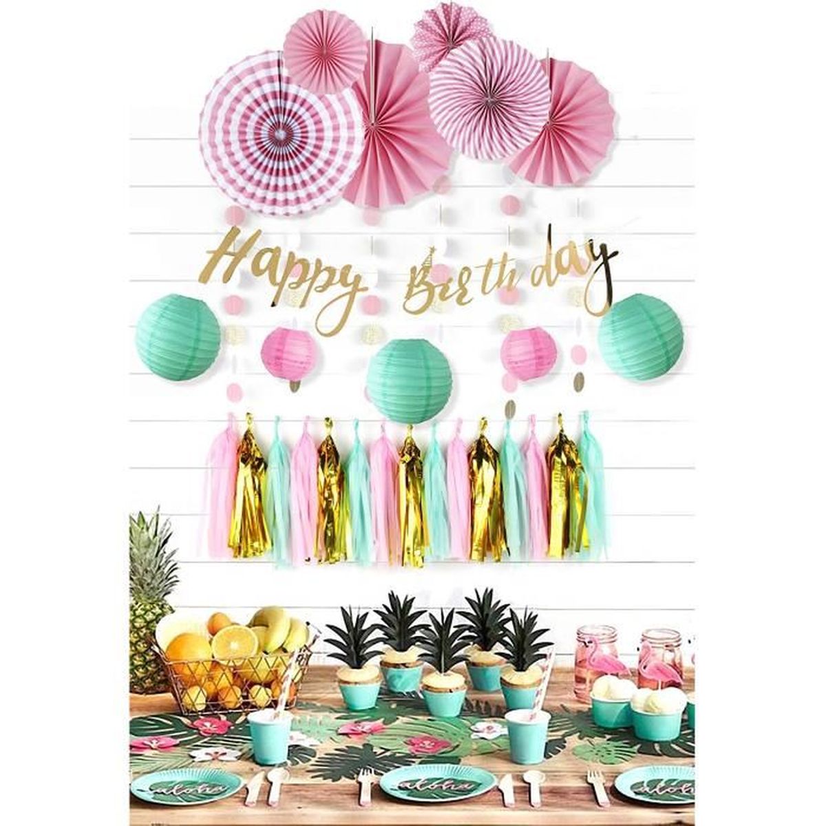 Happy Birthday Decoration Kit Rose Menthe Or Bebe Fille Banniere De Joyeux Anniversaire Suspendus Fleurs De Papier Achat Vente Kit De Decoration Cdiscount