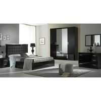 Chambre Complète 160x200 Noir Brillant/Or - Lit, Armoire, Commode, Chevet, Miroir