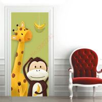CDn-3545 Autocollant de porte de dessin animé pour enfants papier peint auto-adhésif 3d Jungle Lion girafe a Taille:77x200cm