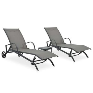 CHAISE LONGUE Lot de 2 transats chaise longue bain de soleil lit de jardin terrasse meuble d exterieur avec table textilene et acier