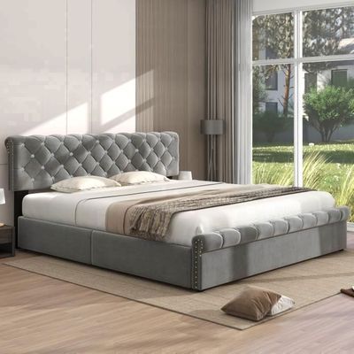 MEBLINI Capitonné Adulte 2 Personnes Avec Sommier Et Matelas Complet - Coffre Deux Place Avec Tete De Lit - Double Avec Rangement - Lukas - 180x200 - H3/ Velours Crème