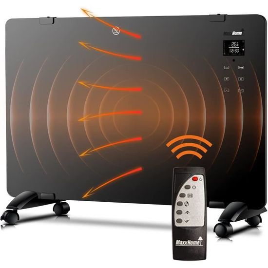 Juskys Radiateur En Verre 2000W – Noir, Chauffage Infrarouge Mural Ou Sur Pied, Commande Par Application, écran LED, Sécurité Et Télécommande