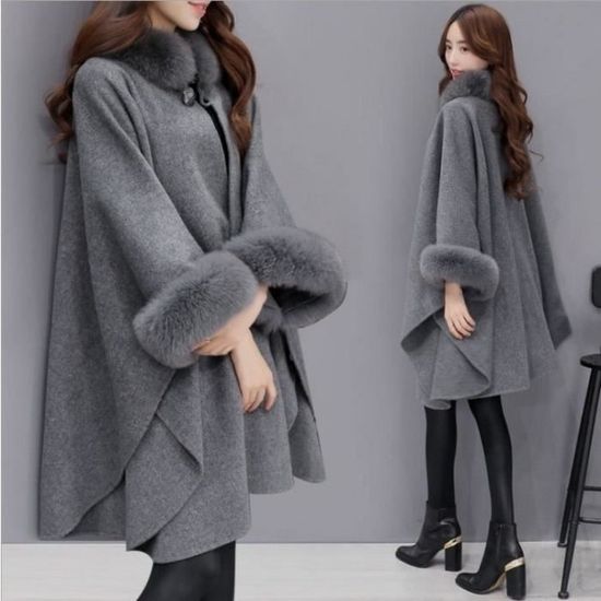 Poncho Cape Femme Blousons Collier Fourrure Gilets Ourlet