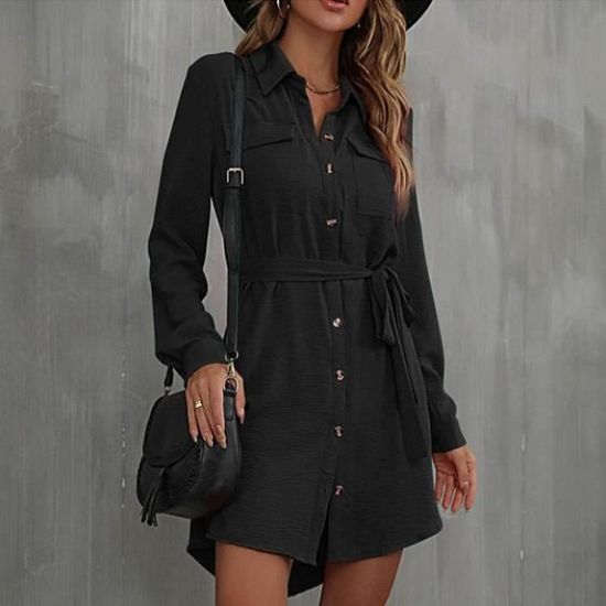 Robe Chaude Fille Manches Longues Col Roulé - Tissu Brossé, Poches, Ligne A, 6-14 Ans