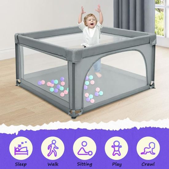 UBRAVOO Parc Bébé Pliable Avec Panier Basket + 50 Balles - Aire De Jeu Sécurisée Thème Voiture (14 Panneaux, Blanc Laiteux)