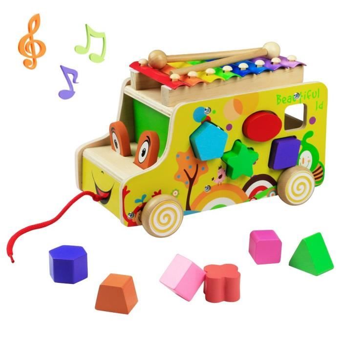 Premier Cadeau pour Enfant 1 an 2 Ans,Jouet Bus Cube en Bois D'activité pour Fille,Jouet Forme à Trier pour Garçon