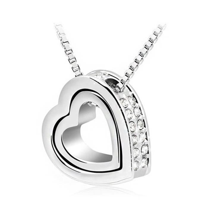 Collier - Coeur Incrusté - Diamants Blancs - Argenté/Blanc
