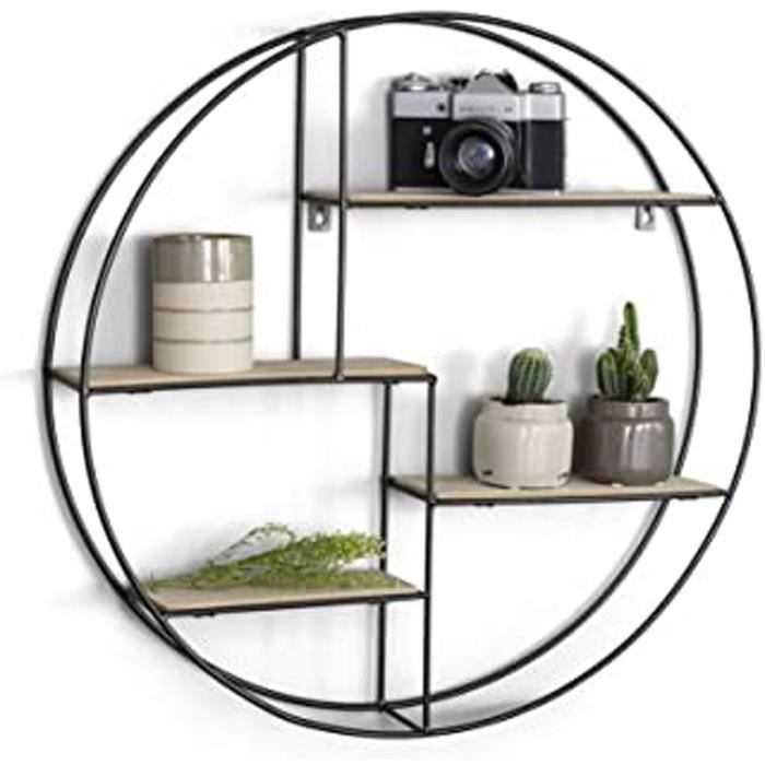 Etagere Murale Avec 4 Etageres, Bibliotheque Murale Ronde Industrielle Vintage, Etagere Murale Cuisine, Ø55 Cm X 11, En Métal Et Boi