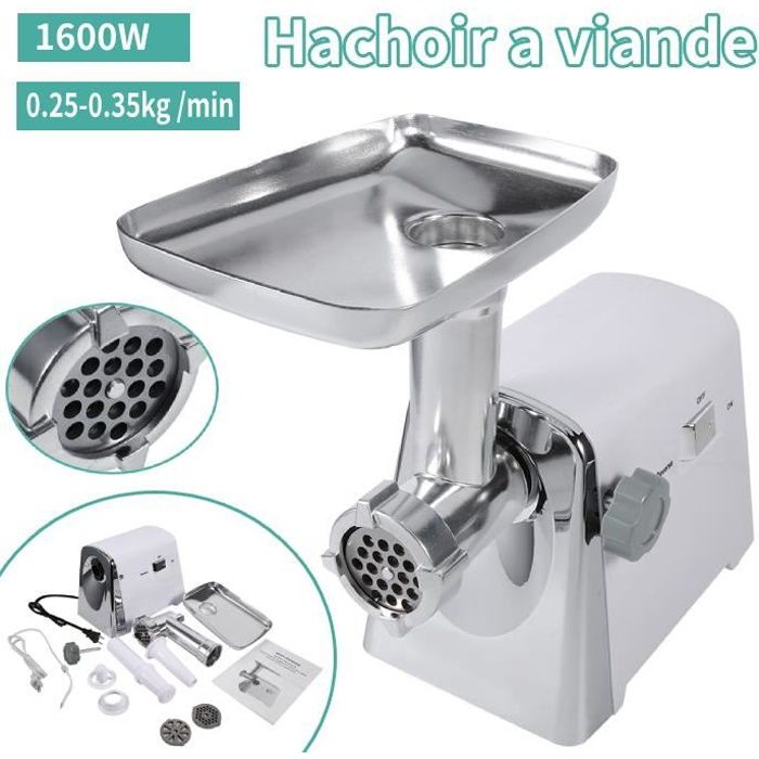 Hachoir Electrique à Viande 1600W Ensemble de Machine à Saucisse Professionnelle en Acier Inoxydable 0.25-0.35kg-min