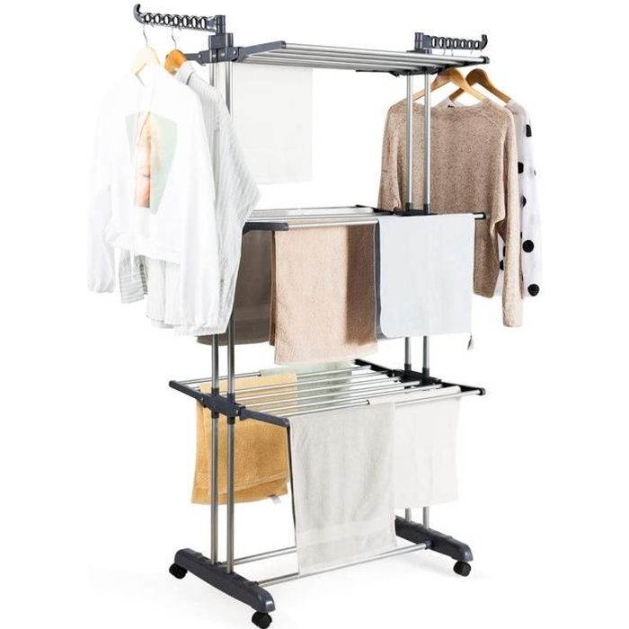 GIANTEX Séchoir à Linge à Roulettes,Étendoir à Linge Pliable avec Étagères et Crochets Pivotants,Gris