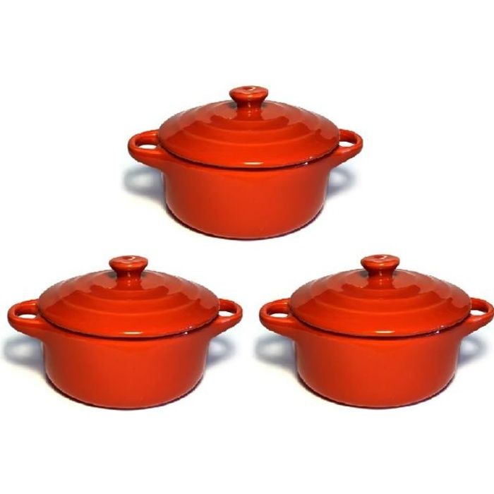 Lot de 3 mini cocottes rouges double poignée avec couvercle Hobby Cook