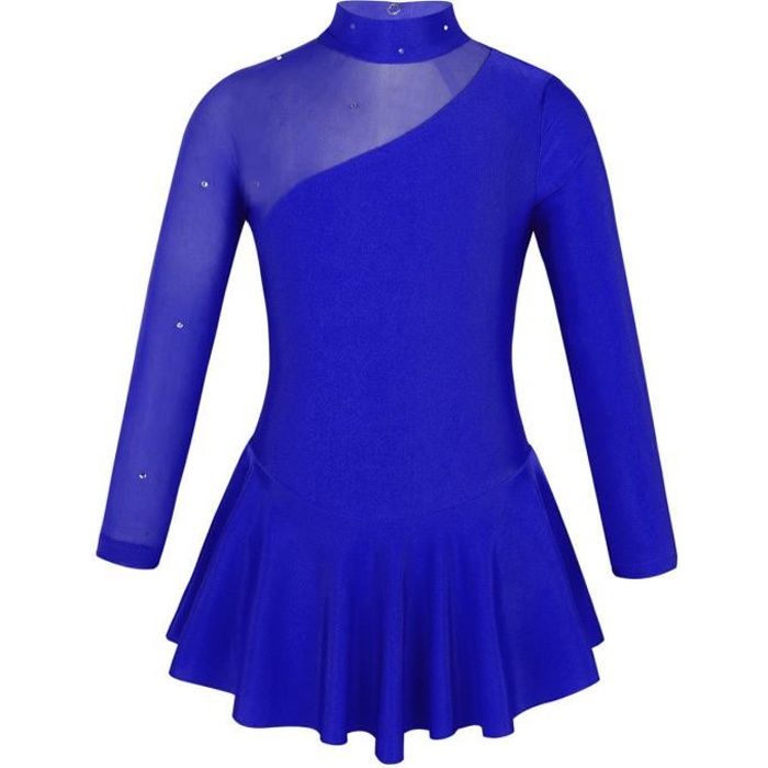 inlzdz Enfant Fille Justaucorps Gymnastique Strass Manches Longues Leotard Ballet Dancewear 4-14 Ans Bleu