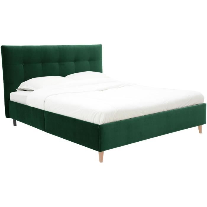 Lit adulte LONY - Couchage 160x200 cm - Tissu velours mat Vert - Structure bois - Sans sommier - L16